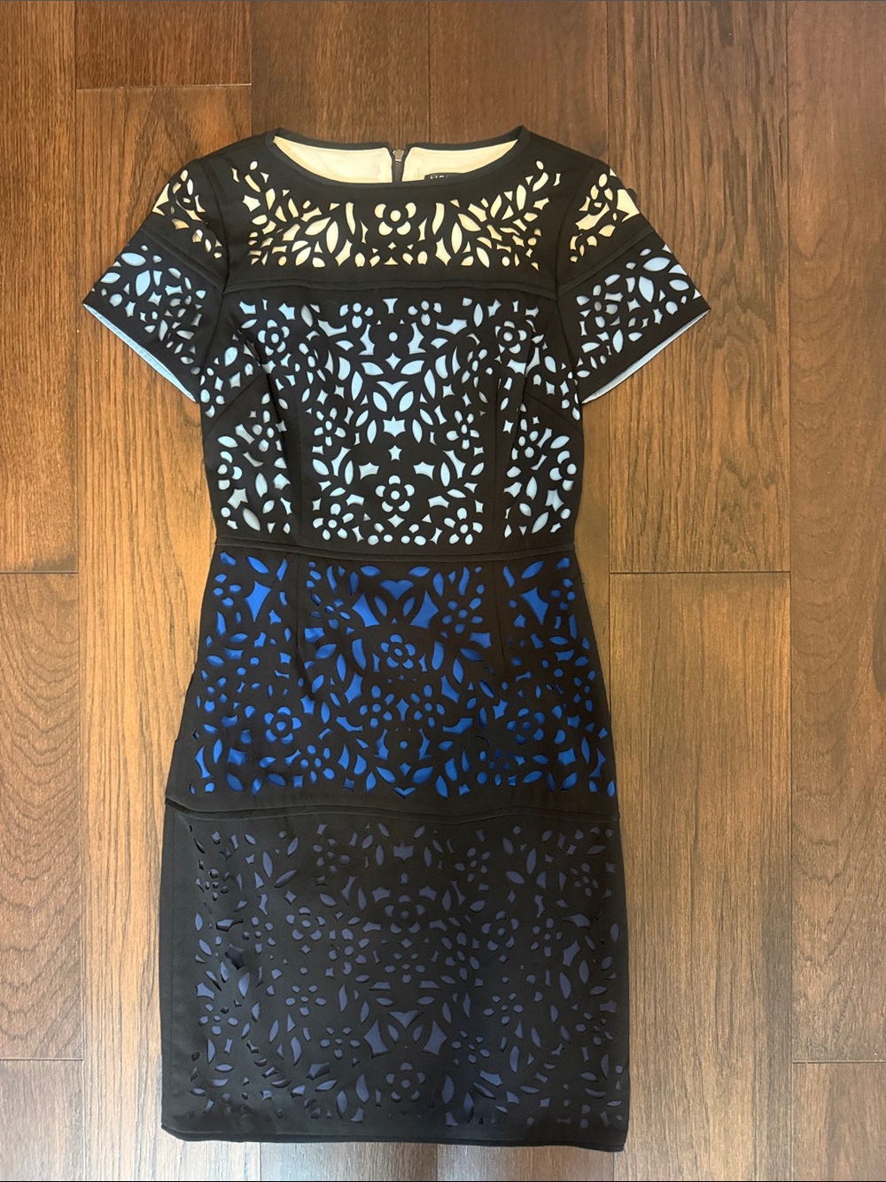 VENUS Black Laser-Cut Dress with Blue and Cream Panels